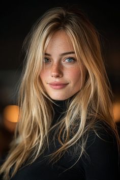 Woman with blonde hair and freckles wearing a black turtleneck