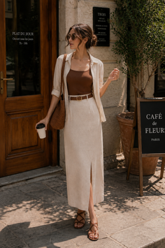 Woman in a linen skirt and brown top standing outside a cafe