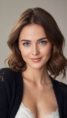 Woman with blue eyes and short brown hair wearing a black cardigan and white lace top