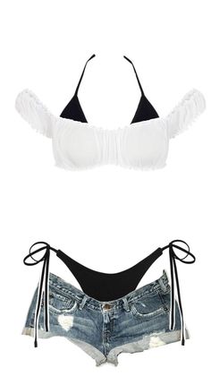 White off-shoulder bikini top with black bikini bottom and distressed denim shorts