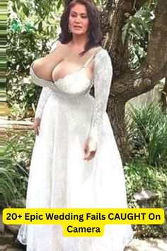 Woman in a white wedding dress with prominent cleavage outdoors