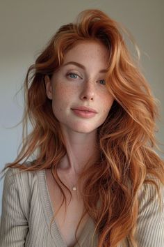 Woman with red hair and freckles wearing a pearl necklace
