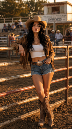 Woman in a cowboy hat and denim shorts leaning on a fence at a rodeo arena