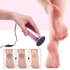 Hand holding an electric callus remover near feet with before and after results