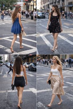 Four women walking barefoot on a city street in various summer outfits