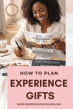 Smiling woman with curly hair writing while holding a gift plan brochure