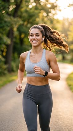 Woman with a ponytail running outdoors during golden hour