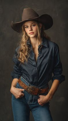 Woman in a cowboy hat, denim shirt, and jeans with a leather belt against a dark background