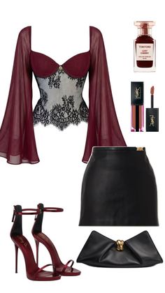 Fashion flat lay with a burgundy lace top, black leather skirt, and accessories