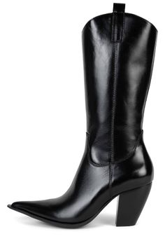 Black leather cowboy boot with a high heel and pointed toe
