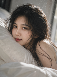 Woman with wet hair and water drops on her skin, lying on a white pillow