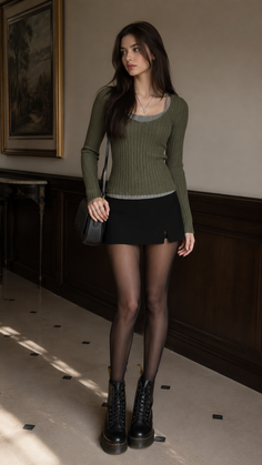 Woman in a green top, black mini skirt, and combat boots standing indoors