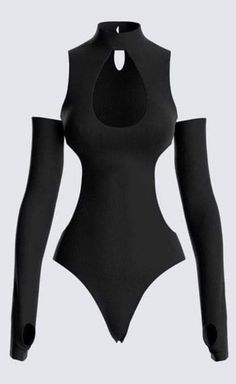 Black bodysuit with a mock neck and cut-out details