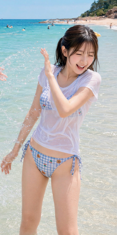Woman in a wet t-shirt and bikini splashing water at the beach