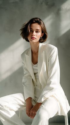 Woman in a white suit with short hair, sitting indoors with soft lighting