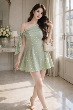 Woman in a light green polka dot dress and high heels indoors