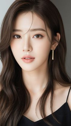 Woman with long brown hair and gold earrings wearing a black top