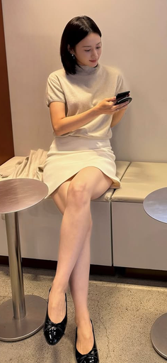 Woman with short black hair wearing a beige top and white mini skirt, sitting indoors