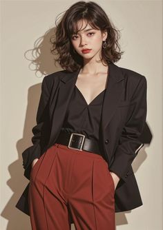 Woman with short curly hair wearing a black blazer and red pants