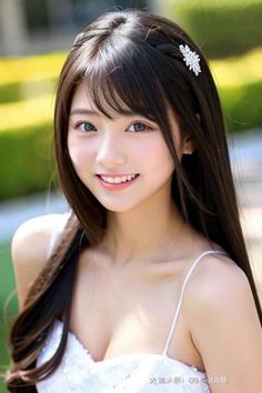 Woman with long dark hair and a white dress smiling outdoors