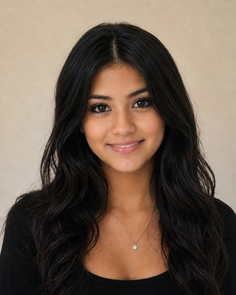 Woman with long black hair and a subtle smile wearing a black top and necklace