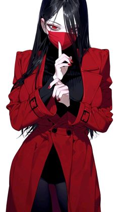 Illustration of a woman with long black hair, red mask, and red coat