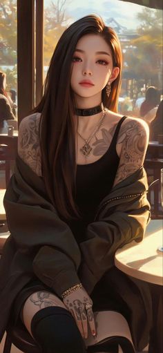 Woman with long hair and tattoos wearing a black top and choker at an outdoor cafe