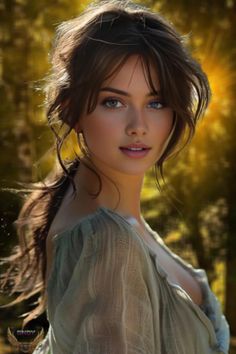 Woman with long brown hair wearing an off-shoulder top outdoors at golden hour