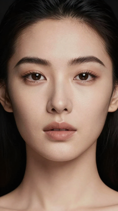 Close up portrait of a woman with black hair and natural makeup