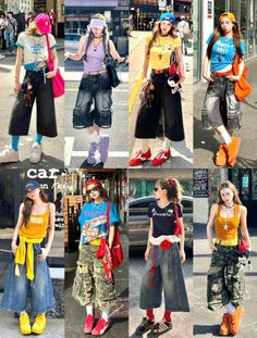 Eight women in various street style outfits featuring wide-leg pants and crop tops