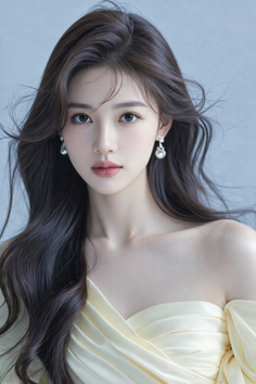 Woman with long dark hair wearing an off-shoulder dress and earrings