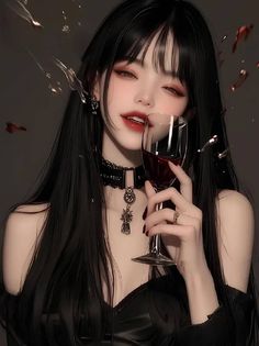 Anime style woman with long black hair holding a glass of red wine