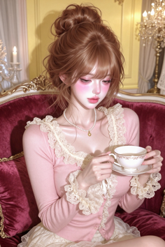 Woman with a hair bun and pink top holding a teacup indoors