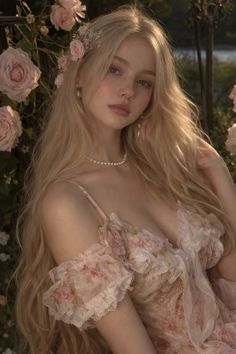Blonde woman in a floral dress with a pearl necklace, surrounded by roses