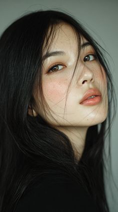 Close up portrait of a woman with long black hair and freckles