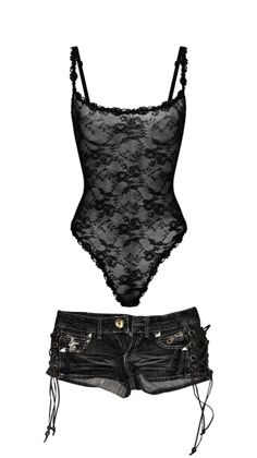 Black lace bodysuit and denim shorts with gothic details
