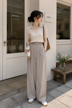 Woman in a polo shirt and wide leg pants holding a coffee cup outside a cafe