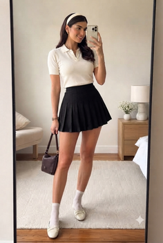 Woman in a white polo shirt and black pleated skirt taking a mirror selfie