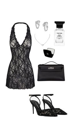 Collection of black lace lingerie, high heels, and luxury accessories