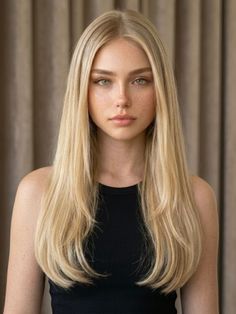 Woman with long blonde hair and green eyes wearing a black top indoors