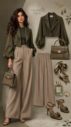 Woman in an olive green outfit with matching accessories and separate clothing items