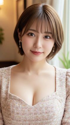 Woman with short brown hair and earrings, showing cleavage in a textured top