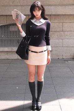 Woman in a school uniform with a black handbag holding a newspaper outdoors