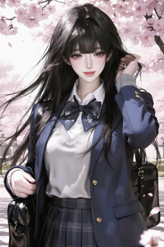 Anime girl in a school uniform with long black hair under cherry blossoms