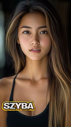 Woman with long hair wearing a black top against a dark background