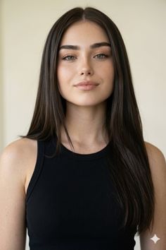 Woman with long dark hair and green eyes wearing a black tank top