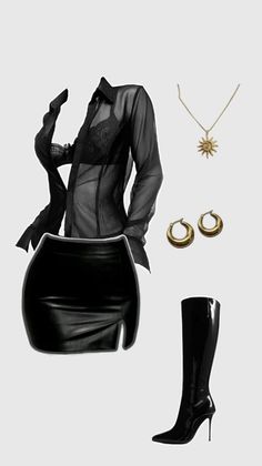 Fashion flat lay with a sheer black shirt, mini skirt, and gold jewelry