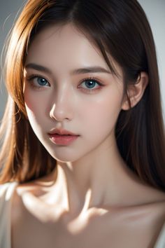 Realistic portrait of a woman with long brown hair and blue eyes