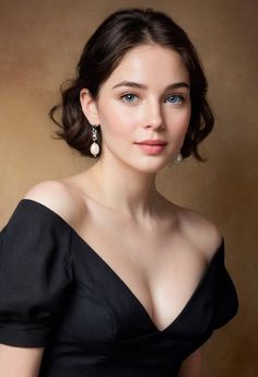 Woman with short dark hair and blue eyes wearing a black off-shoulder dress