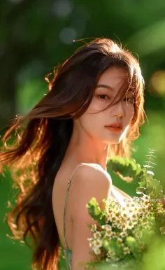Woman with long hair holding daisy flowers in golden hour sunlight